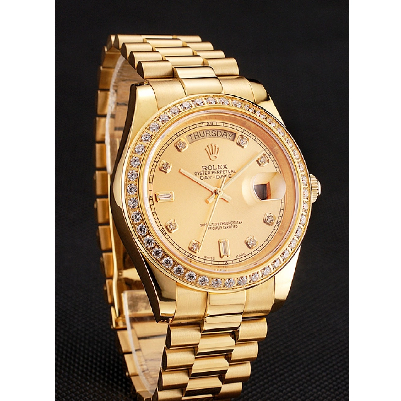 Aaa replica watch Dial 1454099 Swiss Bracelet Diamond Day-Date Bezel Gold Champagne Rolex 0730